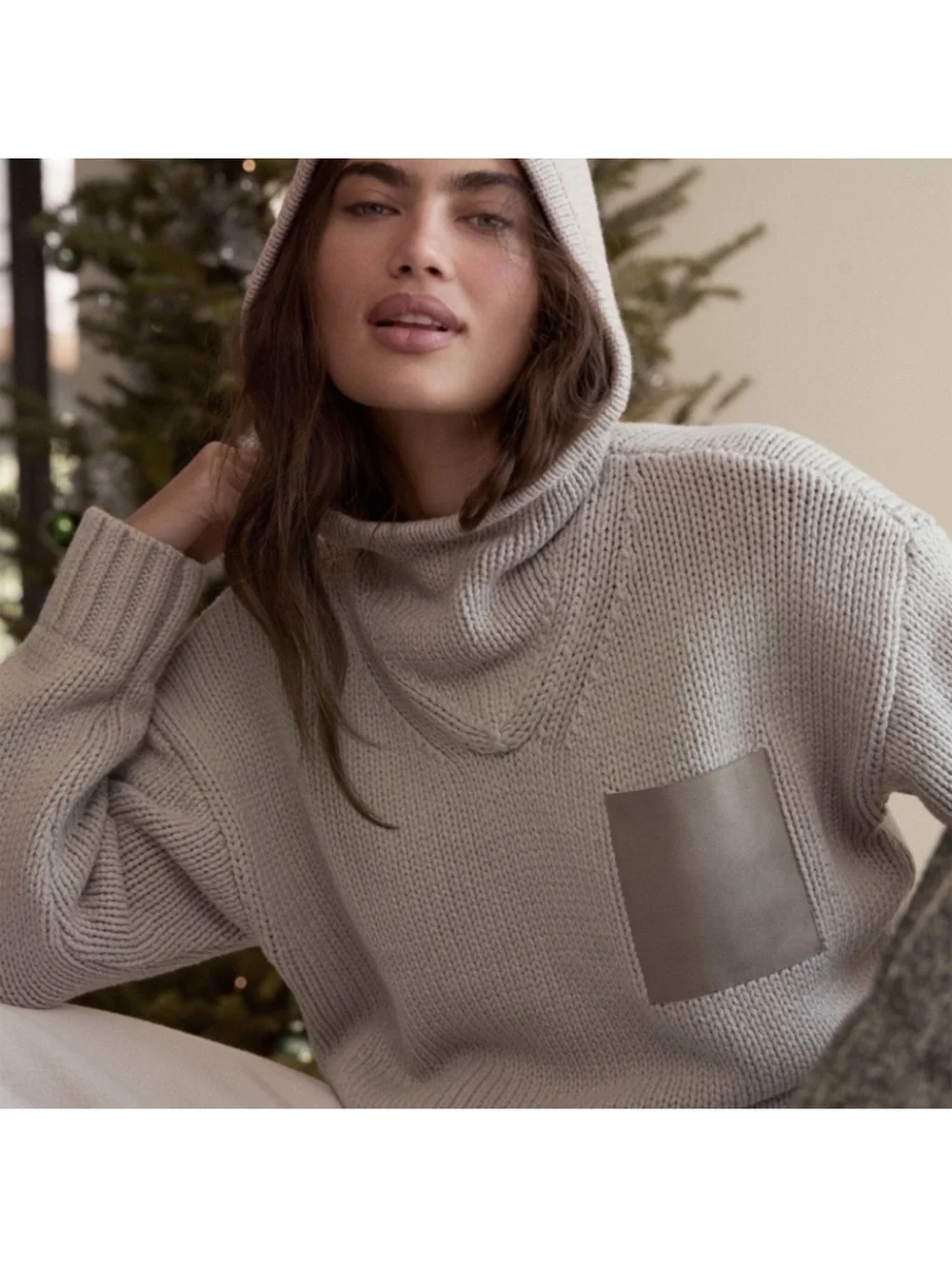 Women's Cream Cowl Neck Pocket Sweater